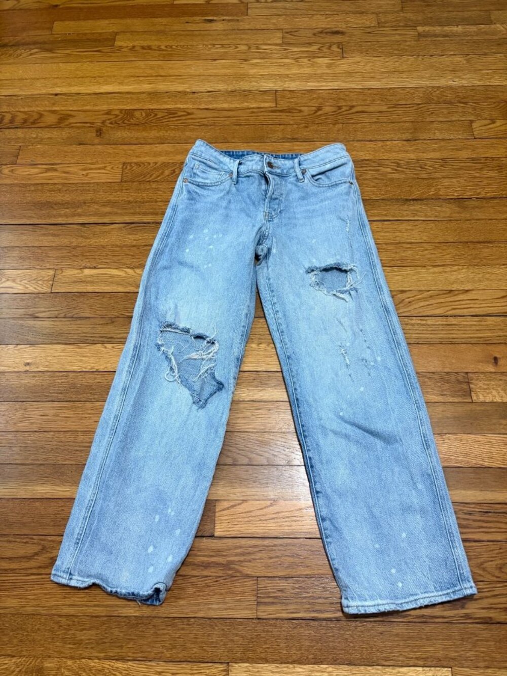 Express Womens Relaxed Straight Jeans Size 2S 2 SHORT Blue Low Rise Distressed